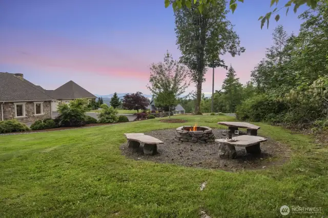 Fire pit with beautiful bay views at dusk