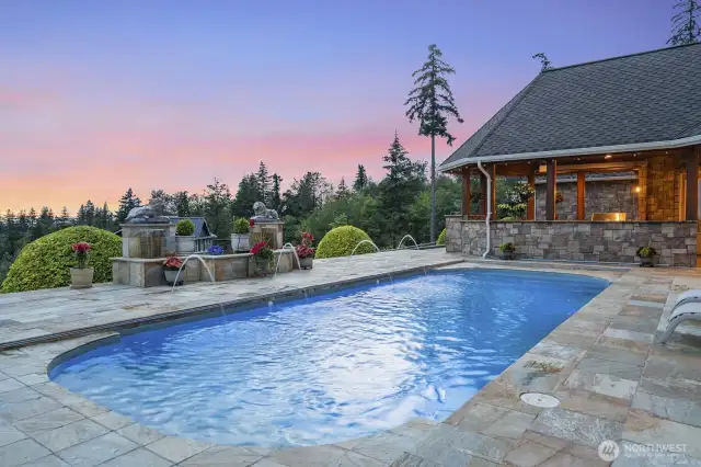 The water feature with fountains create a very tranquil sound as you sit by the pool
