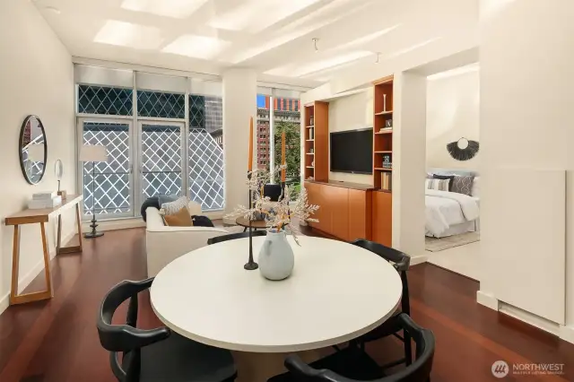 Open great room design with eating space