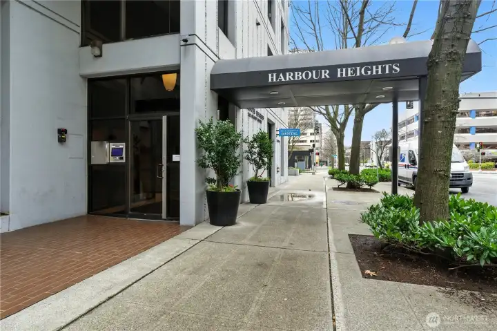 Main entrance to Harbour Heights with double door security & updated call box directory.