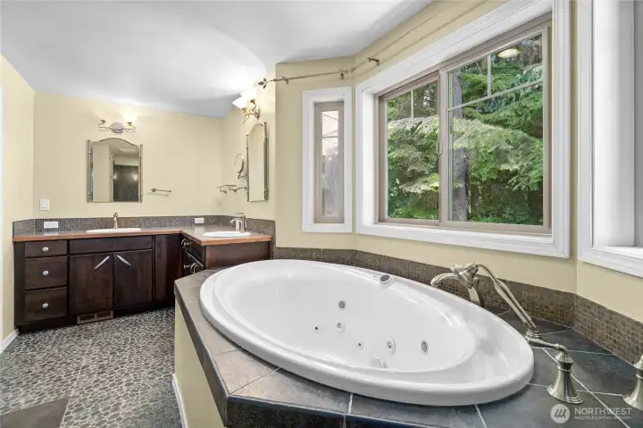 Primary bath with walk-in shower and jacuzzi tub. Double sinks!
