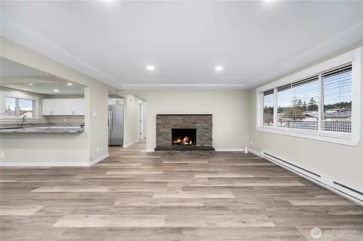 Cozy up next to the wood burning fireplace