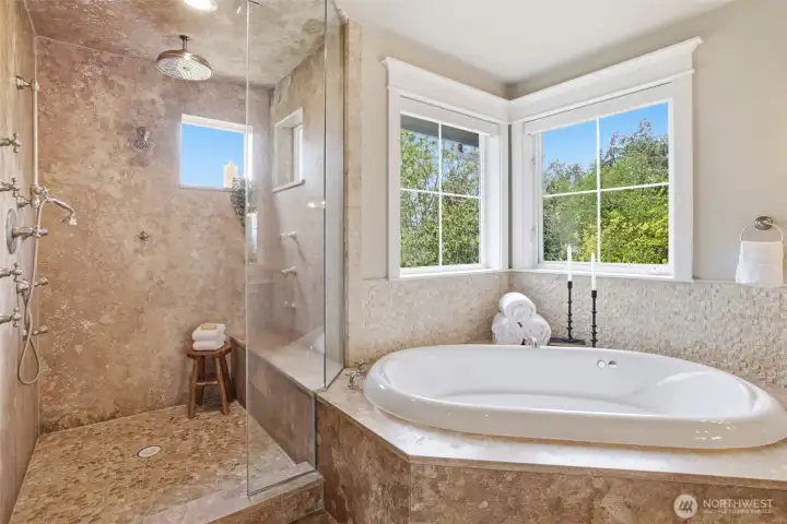 Shower and soaking tub.