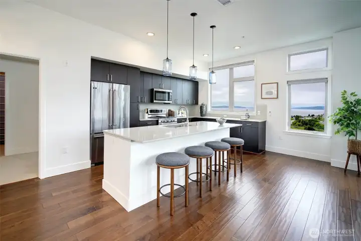 Kitchen island with bar seating.