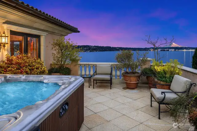 Step out of your Primary Bedroom to enjoy Pacific Northwest views of Lake Washington and Mt. Rainier.