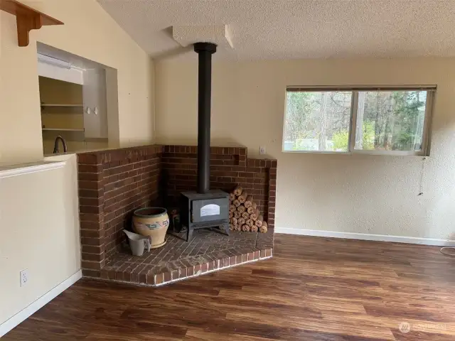 Main level wood fireplace