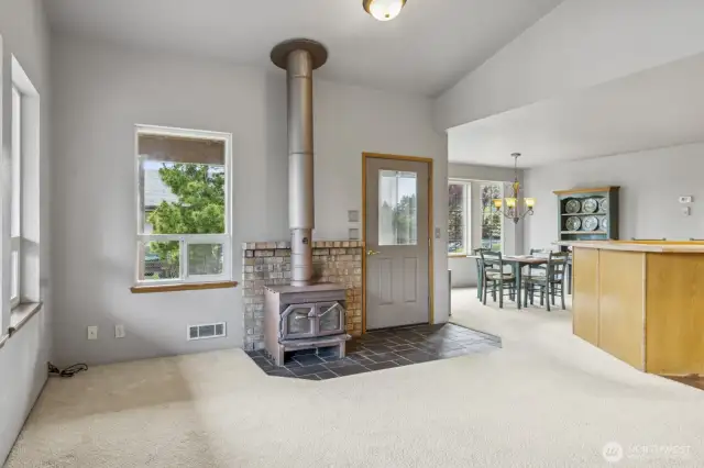 Classic wood stove adorns the living room.