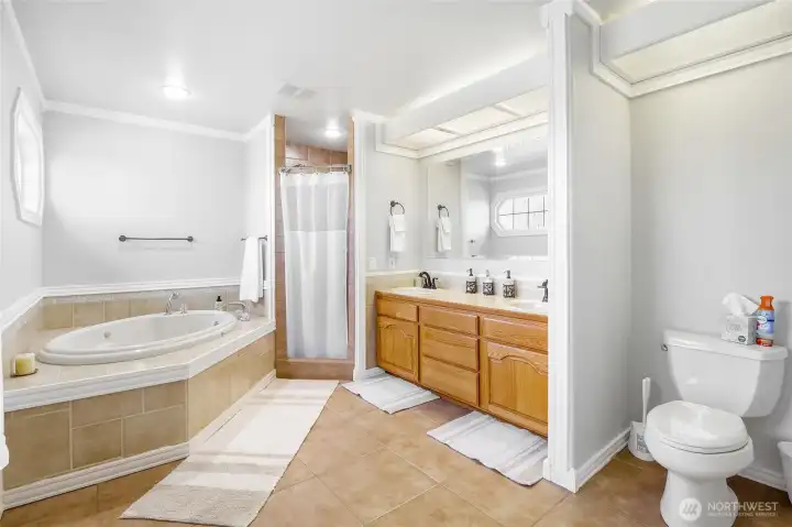 Primary bathroom en suite. Jetted tub, tiled walk in shower, double vanity. Updated lighting and fixtures.