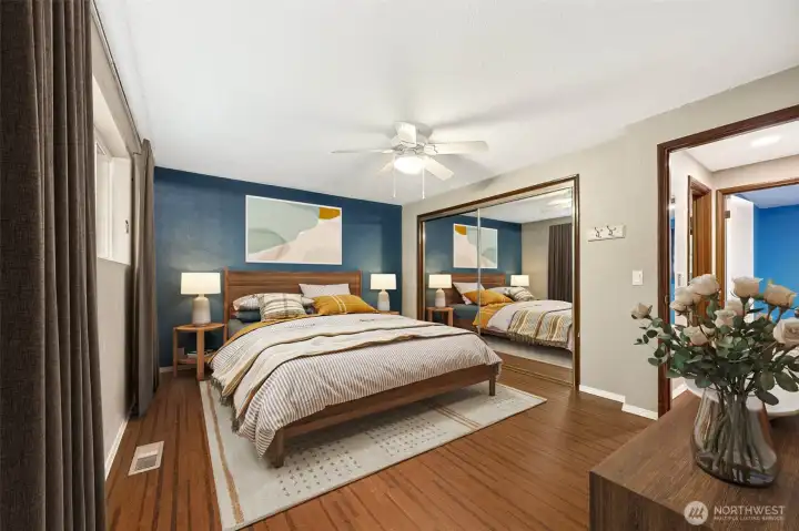 Primary bedroom virtually staged.