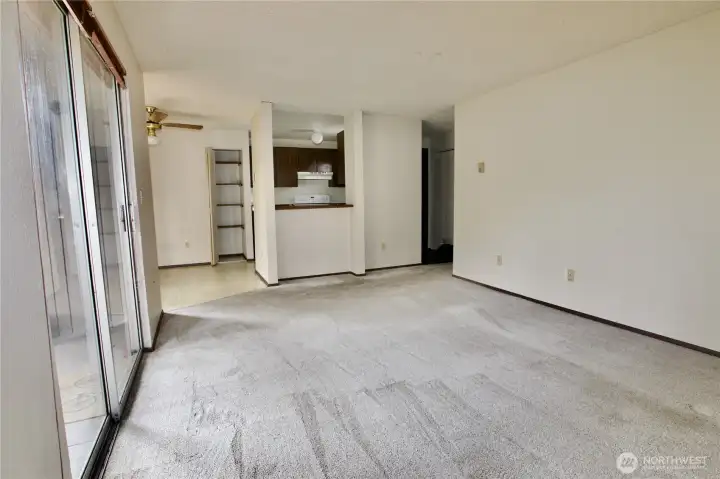 Open floor living room, dining, and kitchen