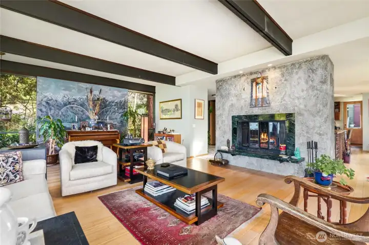 Mid century woodburning fireplace with.