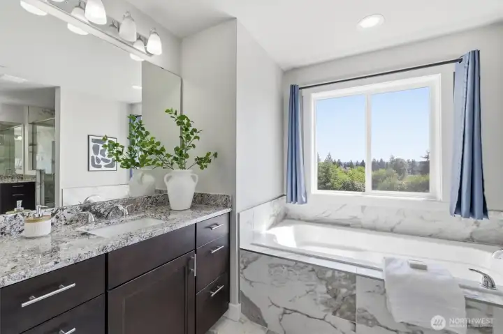 Primary bath featuring soaking tub, dual vanity, and abundant natural light.