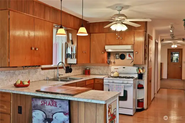 A propane stove in the kitchen, ceiling fans throughout house.