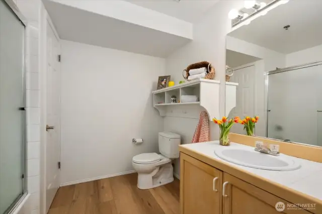 Bathroom with linen closet.