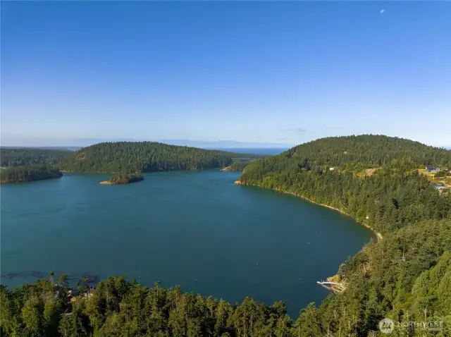 Aerial photo of bay in front of house.