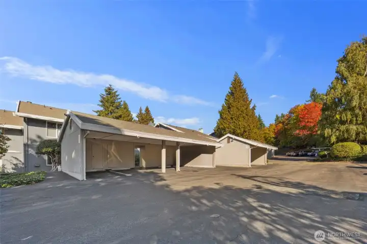 Covered parking steps from your door. With extra storage unit.