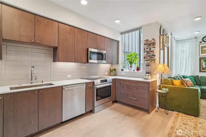 There is room for a dining table in this open great room.