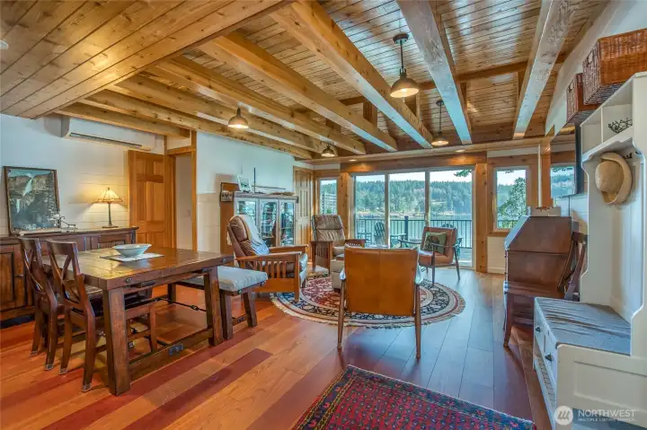 The interior has been recontructed with gorgeous fir beams and tongue and groove ceiling.