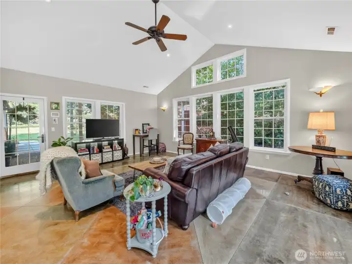 Detached ALU living room with vaulted ceilings.
