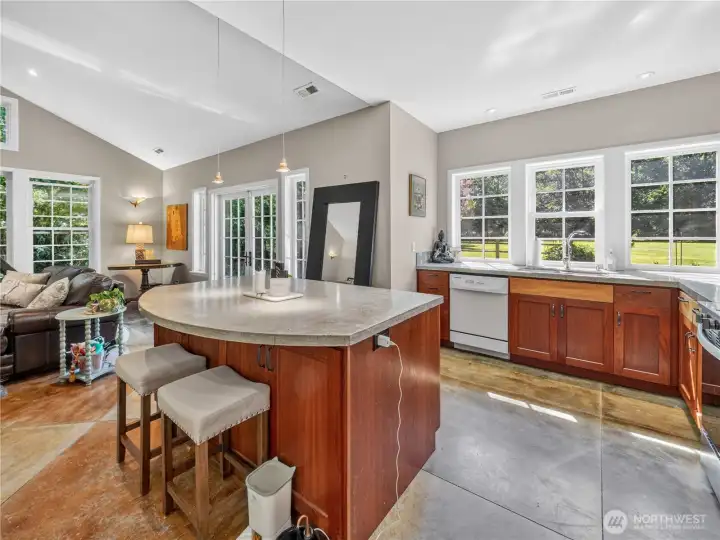 Detached ALU kitchen with big island.