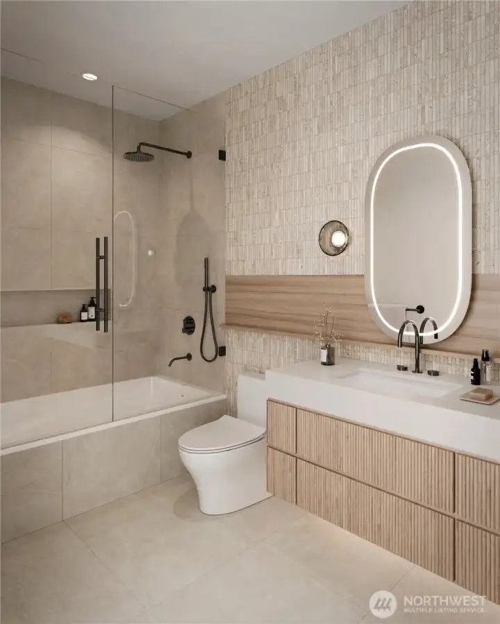 Cantilevered soft-close fluted wood veneer cabinets with undercabinet lighting, undermount sink with polished quartz vanity top, custom illuminated vanity mirror, wall sconce with wood wall detailing, and dark chrome Dornbracht faucets and fixtures.