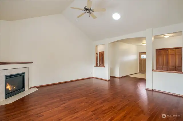 Great room with accent open columns beautiful wood work and endless ways to decorate!