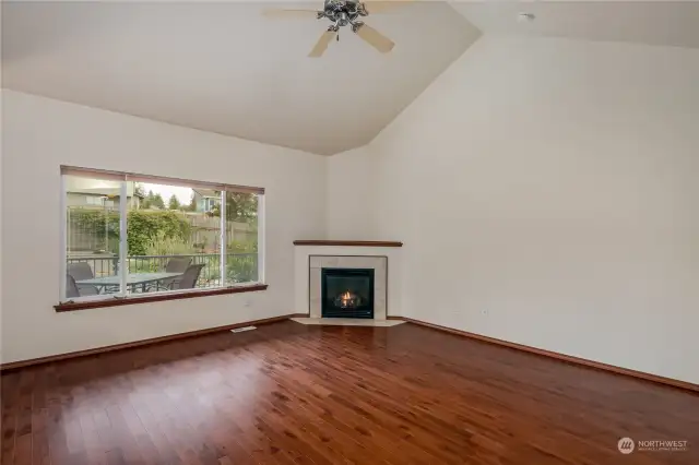 EZ gas fireplace to enjoy! Beautiful backyard garden views! High vaulted ceiling with a nice breeze fan!