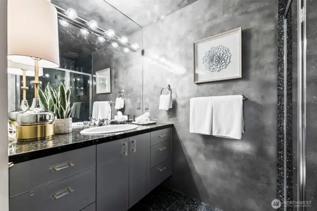 A sleek guest bath with a modern metallic finish and polished black granite accents.