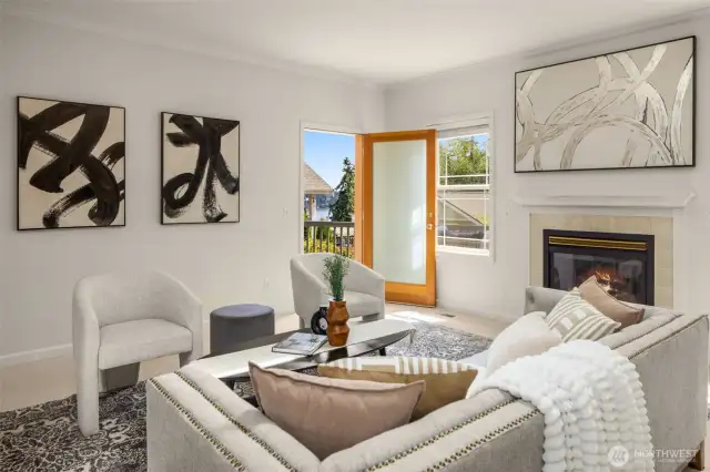 Nestle into the warmth of the fireplace and let your gaze drift over the tranquil water beyond