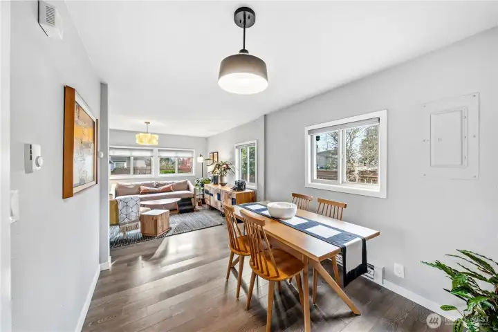 Dining area with living room behind