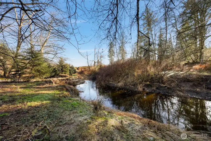 Dakota Creek runs through property with trails on each side.