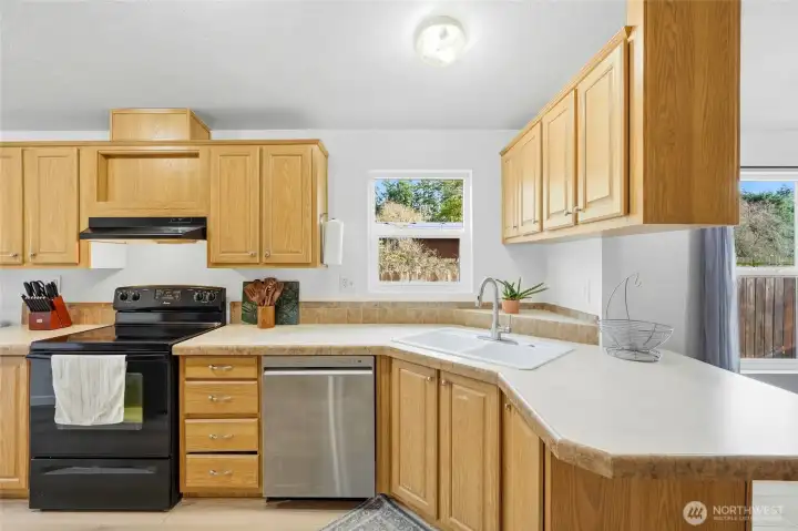 Kitchen with plenty of storage and prep space.