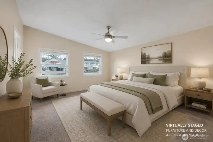 Virtually staged Comfortable primary bedroom offering a peaceful retreat at the end of the day. Virtually staged Comfortable primary bedroom offering a peaceful retreat at the end of the day.