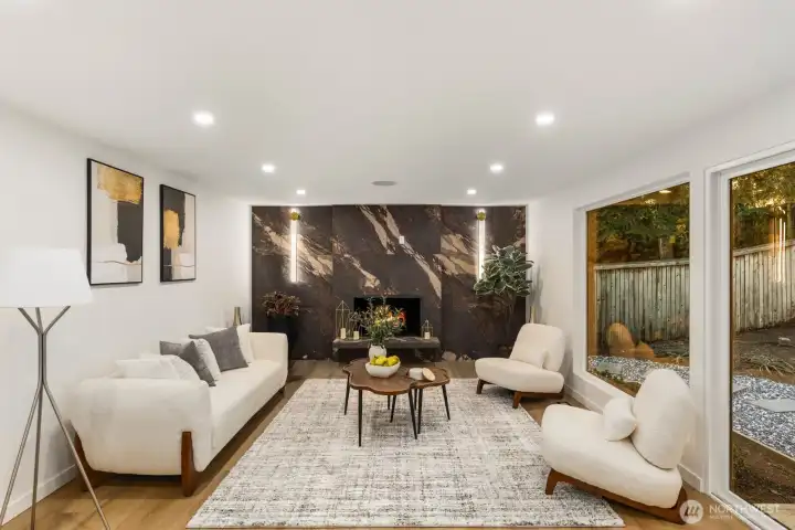 Living room with wood fireplace