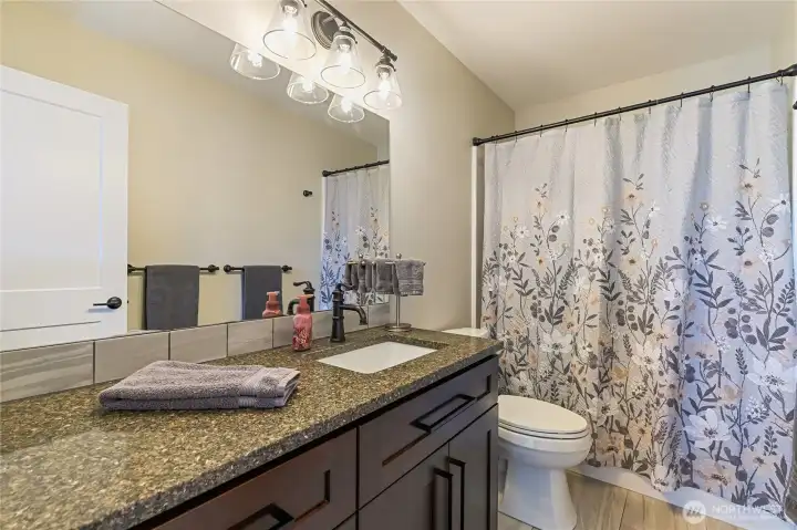 Hall full bath upstairs with granite counters and beautiful cabinetry. Hall full bath upstairs with granite counters and beautiful cabinetry.
