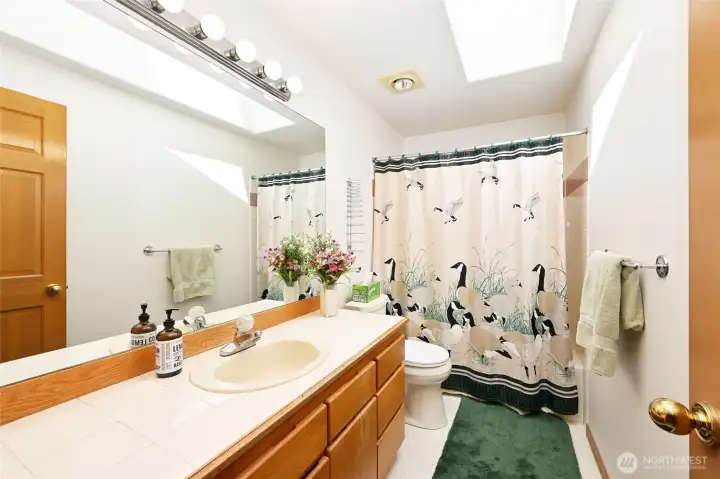 Upstairs full bath has a skylight Upstairs full bath has a skylight