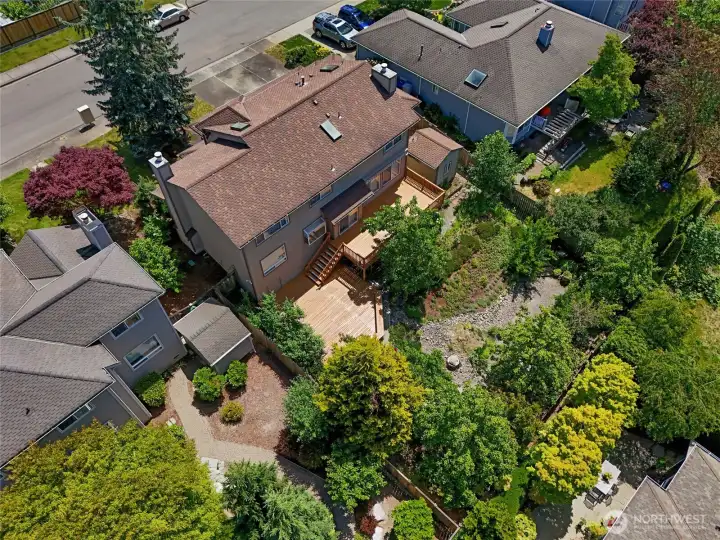 Aerial showing the fenced backyard and 2-level deck Aerial showing the fenced backyard and 2-level deck