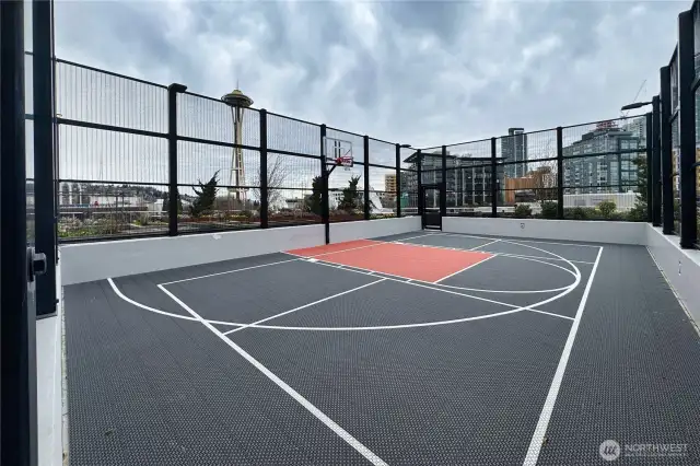 New sport court on the rooftop of the commercial building connected to the residential tower.