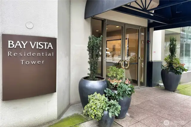 Main building entry to Bay Vista Tower.