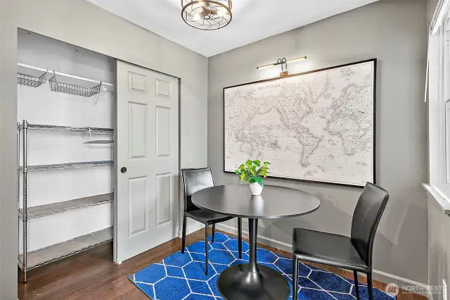 Use the closet off the dining room for a coat closet or extra storage.
