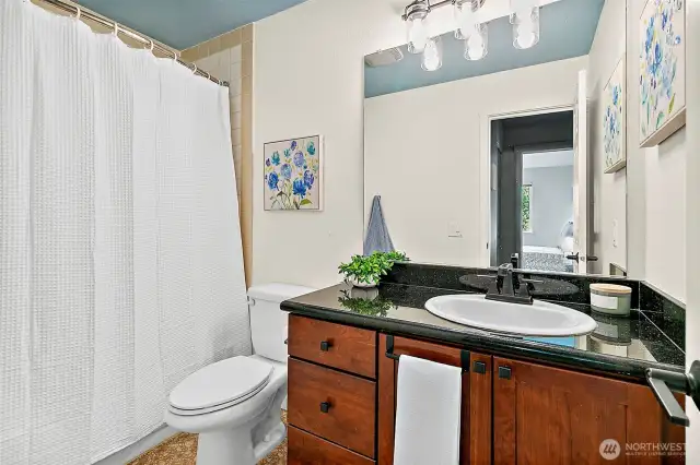 Sleek countertop with rich wood cabinetry in the full bathroom