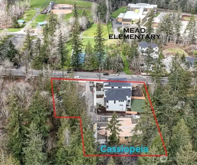 Cassiopeia is located literally across the street from Mead Elementary and popular East Sammamish Park. Red boundary lines for Cassiopeia are approximate location of the boundary lines.