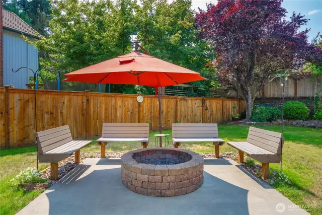 Backyard with firepit and built in seating