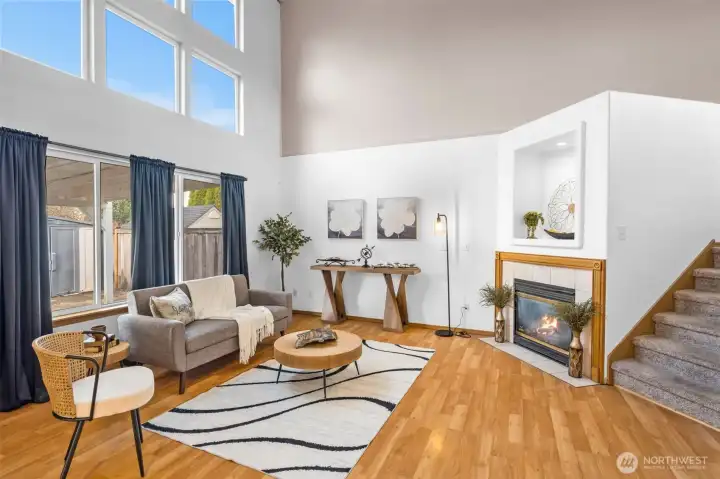 So much natural light, plus a cozy gas fireplace.