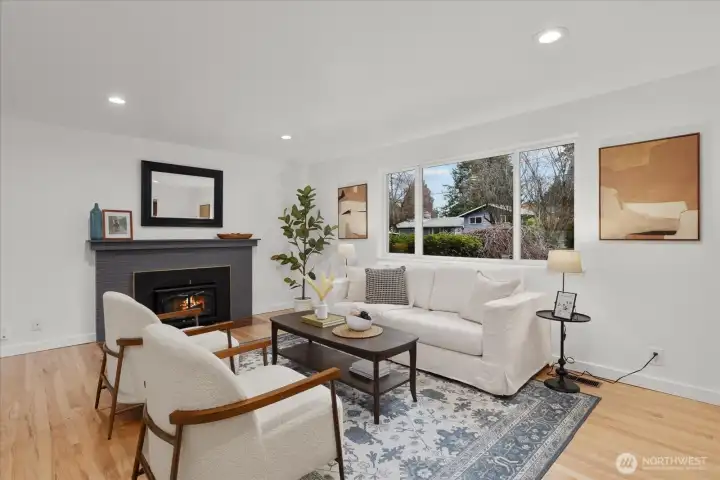 Living room with wood burning wood stove