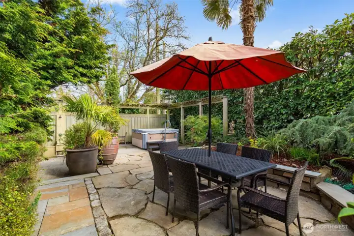 Fully fenced in backyard oasis.