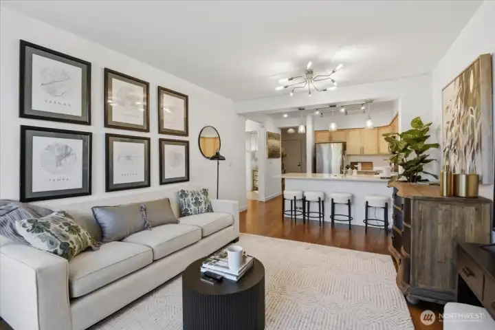 Designer lighting and casual eating space.