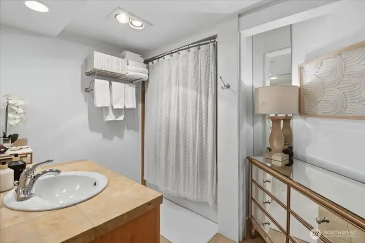 Generous bathroom with shower and bathtub.
