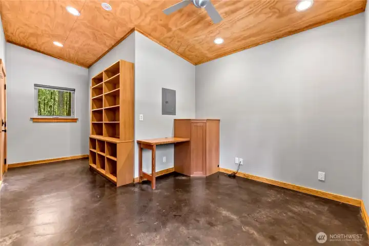 Indoor view of guest house/office with custom built-ins