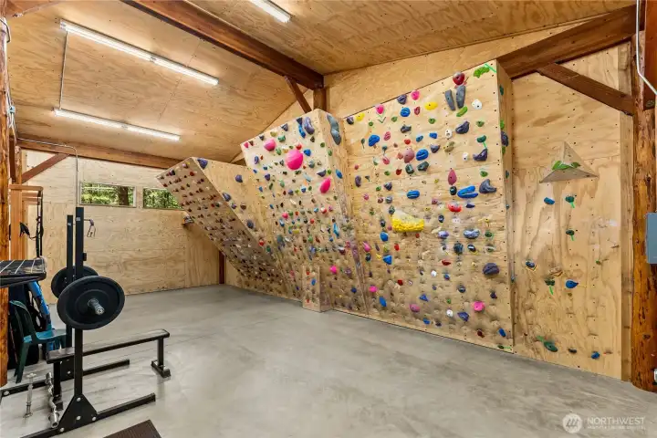 Custom climbing gym with Moon Wall, hand holds and workout space